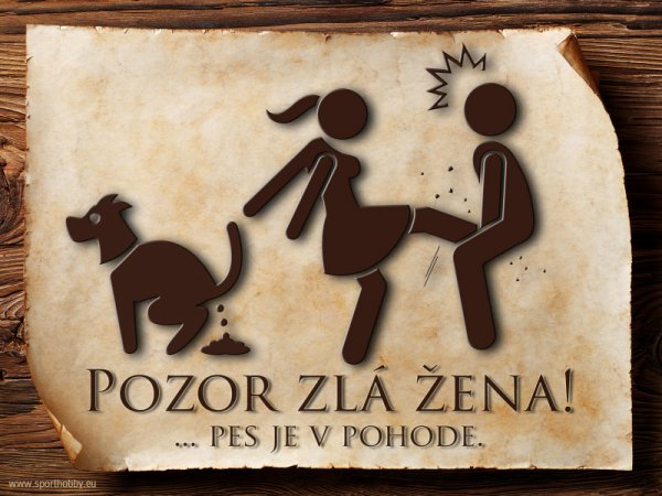 Slovenská Vtipná cedulka - Pozor zlá žena! Pes je v pohode